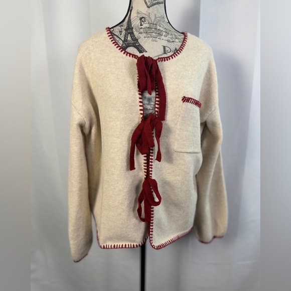 Sunday Edition Sweaters - Sunday Edition NWOT Cream &Burgundy Trim Cardigan W/Front Tie Closure Size S